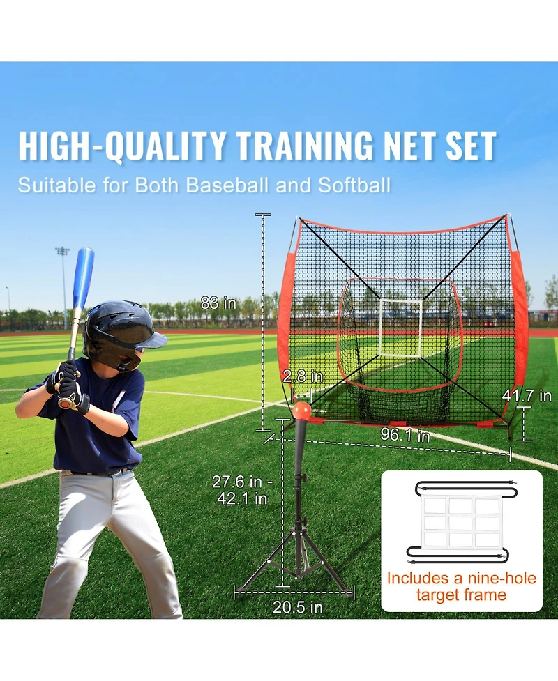 Sugift Baseball Softball Practice Net with Bow Frame Strike Zone Ball Batting Tee Carry Bag