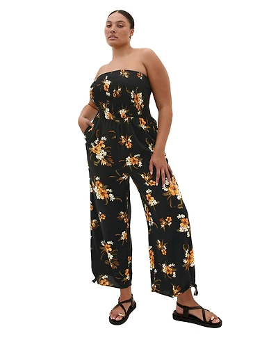 City Chic Plus Aruba Print Strapless Wide-Leg Jumpsuit