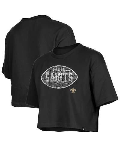 New Era Girl's Black Orleans Saints Flip Sequin Boxy T-Shirt