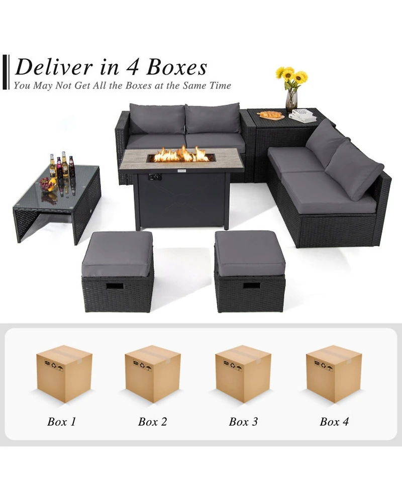 Gouun 9-Piece Outdoor Pe Rattan Patio Sectional Conversation Set with 42 in 60,000 Btu Gas Fire Pit Table