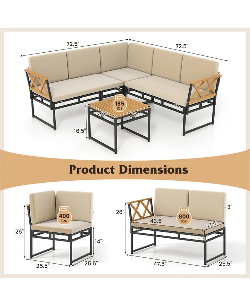 Gouun 4-Piece Outdoor Patio L-Shaped Sectional Sofa Conversation Set with Acacia Wood Side Table