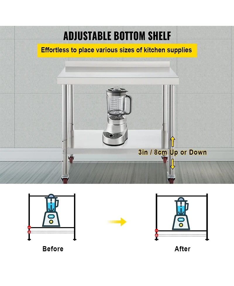 Hongge Rolling Stainless Steel Prep Table with Adjustable Undershelf