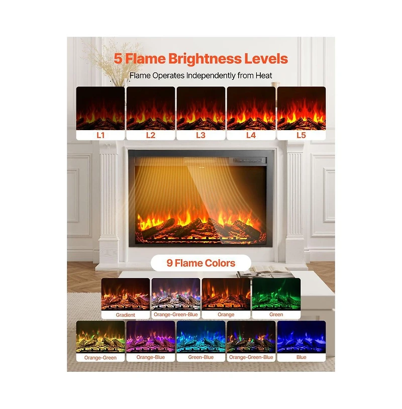 Slickblue Electric Fireplace Insert with Adjustable Flame Remote Timer 5000 Btu Wall Mounted