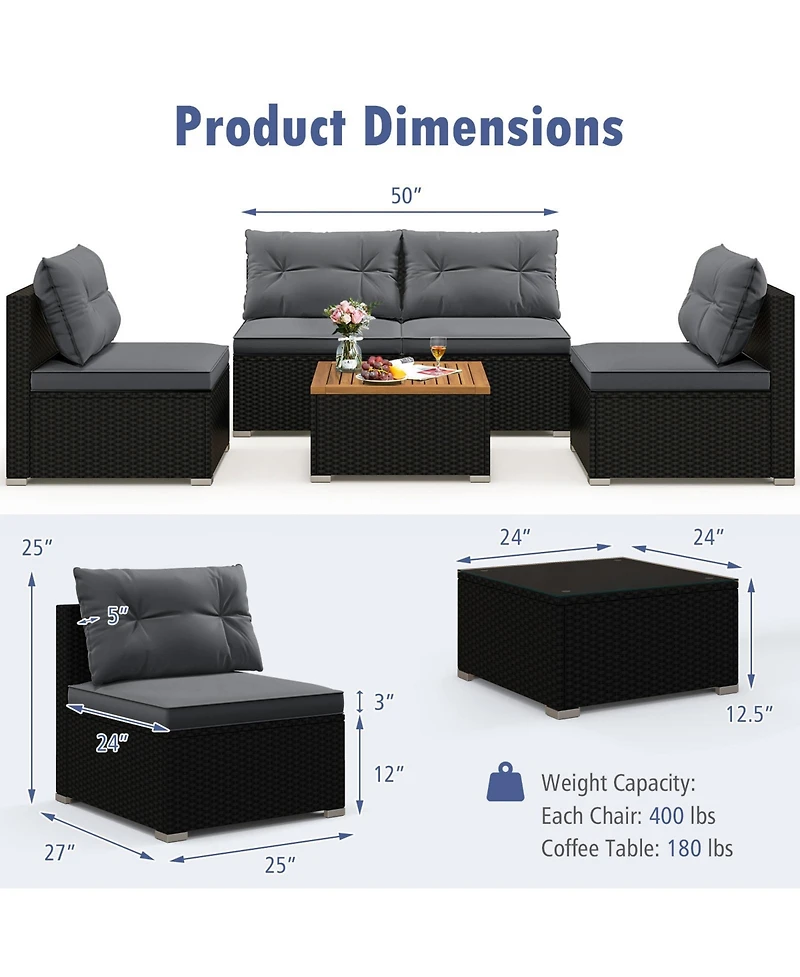 Gouun 5-Piece Outdoor Wicker Seating Set with Acacia Wood Coffee Table