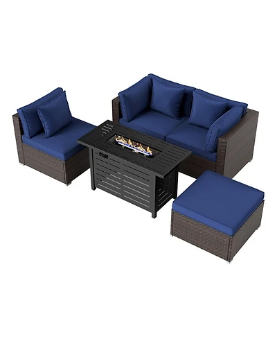Gouun 5-Piece Pe Rattan Sofa Set with 60,000 Btu Fire Pit Table and Ottomans