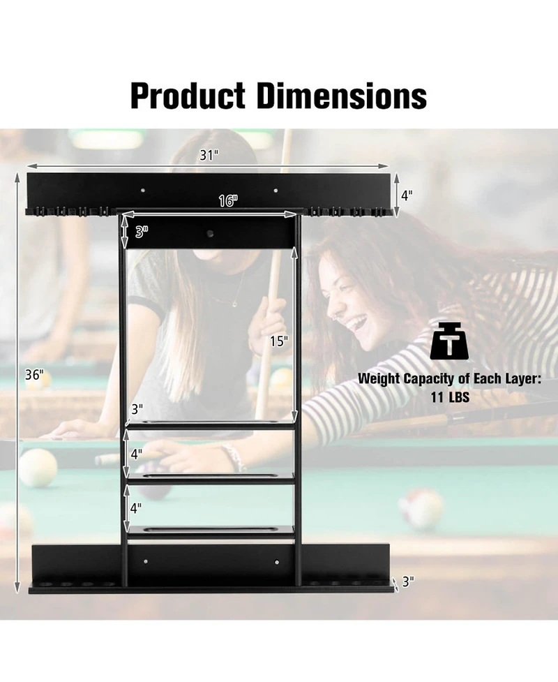 Gouun Wall-Mounted Solid Pine Billiards Cue Rack with Ball Storage