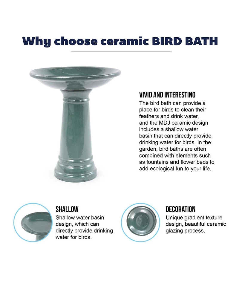 Yobtop Ceramic Bird Bath Outdoor - 12.4" Diameter Pedestal Birdbath, Backyard Patio Yard Wild Water Feeder Decor