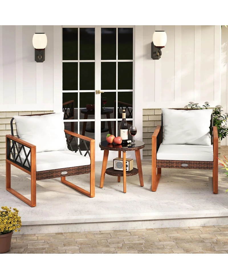 Gouun 3 Piece Patio Furniture Set with Pe Wicker Chairs, Acacia Wood Trim and 2 Tier Glass Top Table