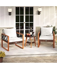 Gouun 3 Piece Patio Furniture Set with Pe Wicker Chairs, Acacia Wood Trim and 2 Tier Glass Top Table