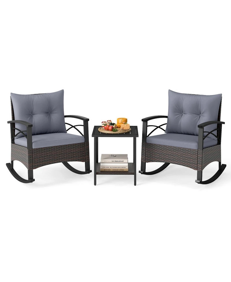 Gouun 3 Piece Outdoor Rocking Bistro Set with Pe Wicker Rocker Chairs and Acacia Wood Top Table