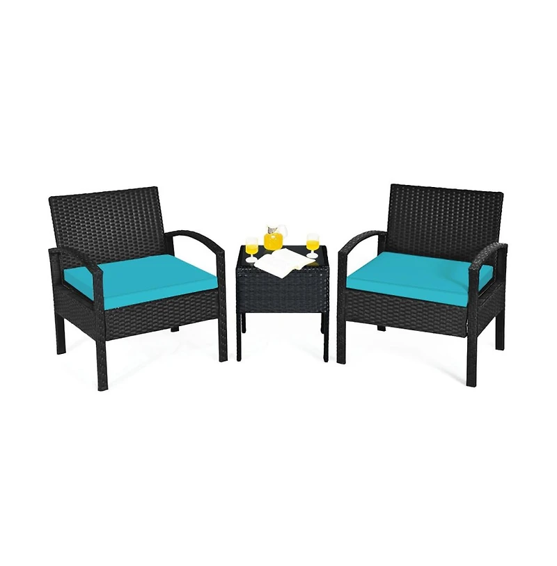 Boyel Living 3 Pieces Outdoor Rattan Patio Conversation Set with Seat Cushions