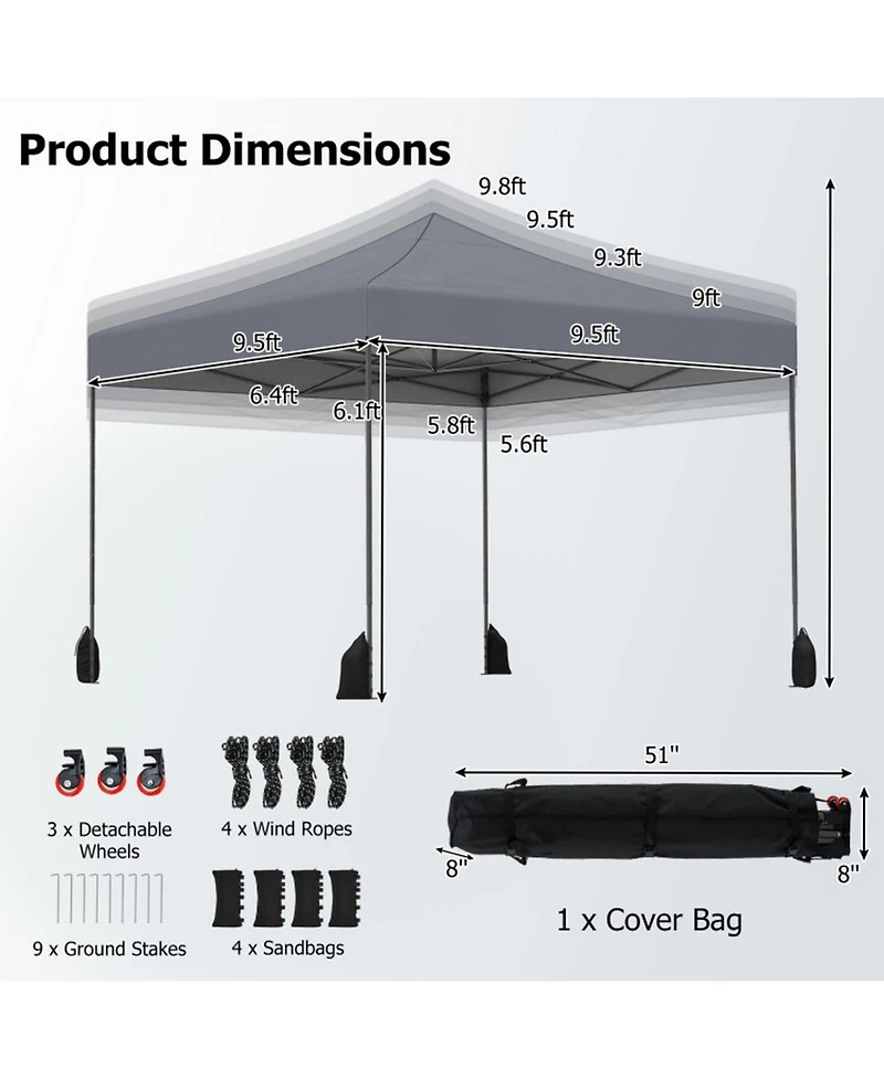 Gouun 9.5 x 9.5 ft Pop-Up Canopy Tent with Adjustable Heights and Wheeled Bag