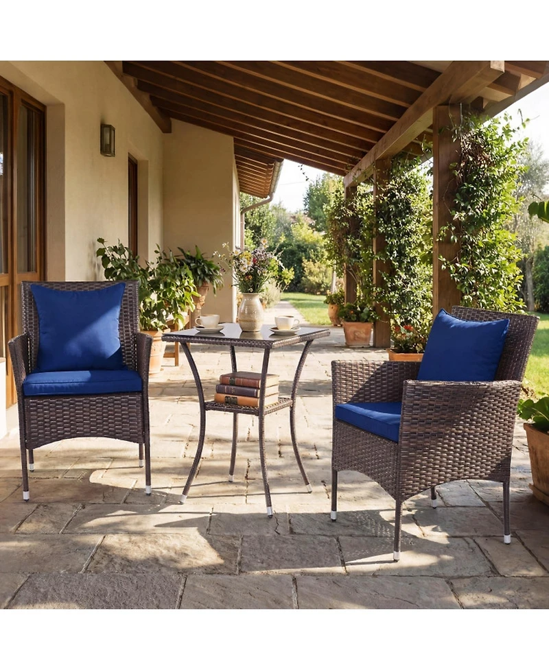 Gouun 3-Piece Rattan Bistro Chair Set with 2-Tier Tempered Glass Side Table