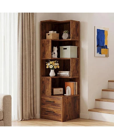 Tribesigns 5-Tier Corner Bookshelf with 2 Drawers