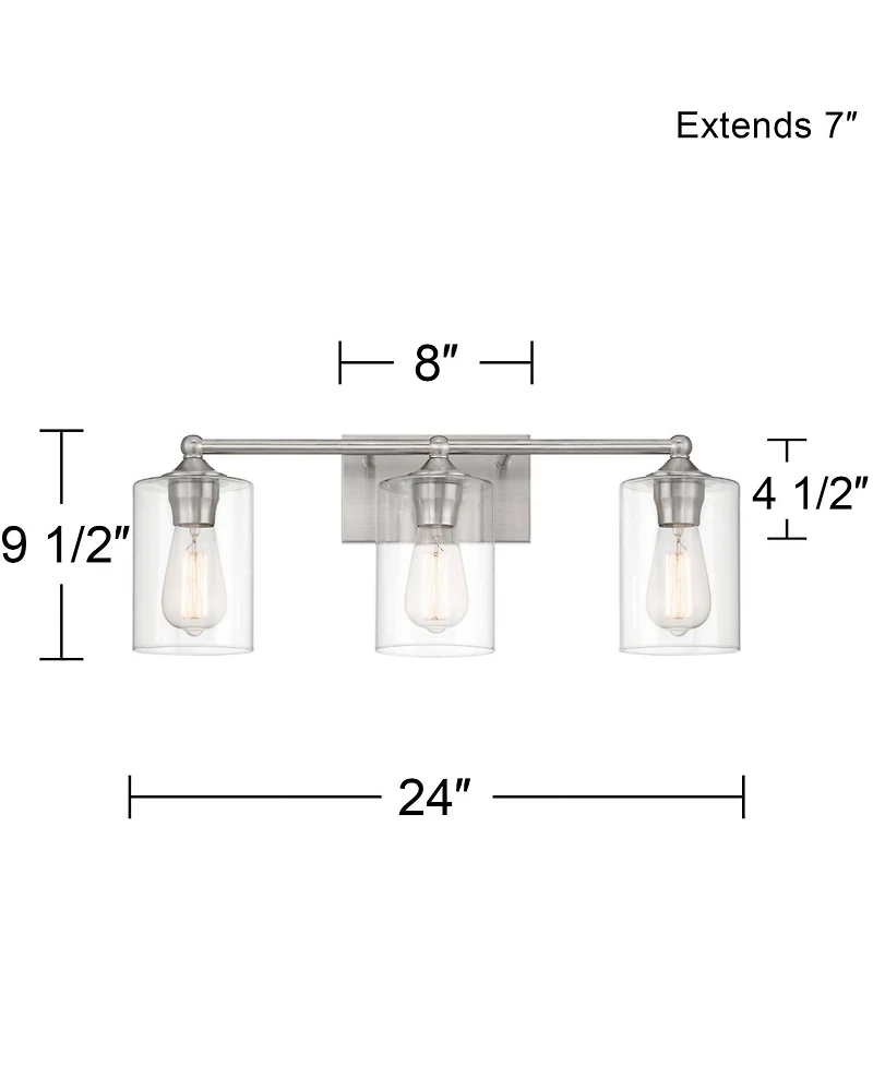 360 Lighting Billings Modern Wall Light Brushed Nickel Hardwired 24" 3-Light Fixture Clear Glass Cylinder Shades for Bedroom Bathroom House