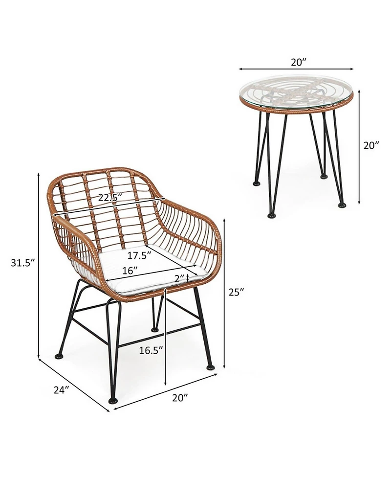 Gouun Outdoor Rattan Bistro Conversation Set with Round Glass Side Table