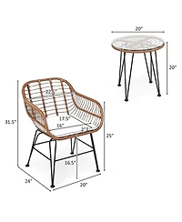 Gouun Outdoor Rattan Bistro Conversation Set with Round Glass Side Table