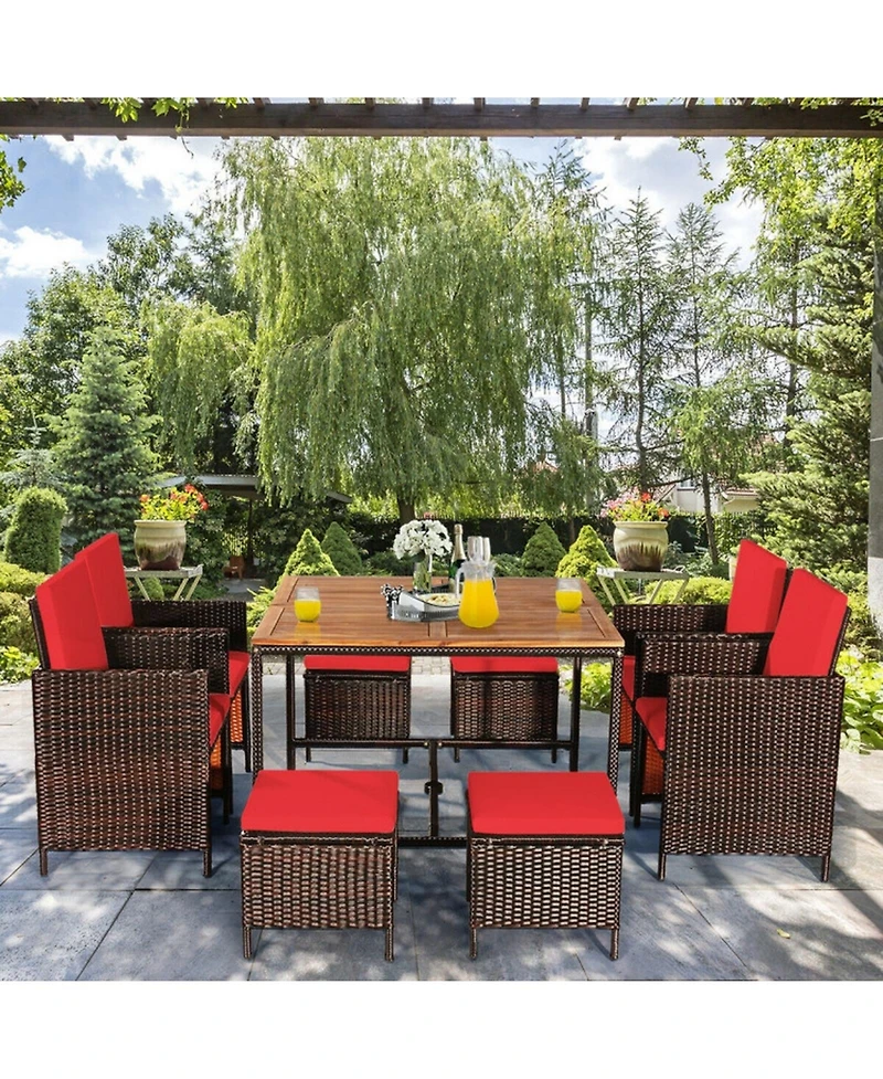 Gouun 9 Piece Outdoor Wicker Patio Dining Set with Acacia Wood Tabletop, 4 Chairs and 4 Ottomans