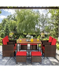 Gouun 9 Piece Outdoor Wicker Patio Dining Set with Acacia Wood Tabletop, 4 Chairs and 4 Ottomans