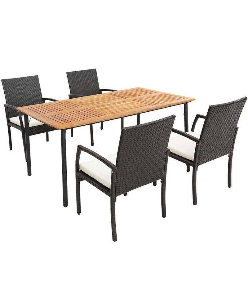 Gouun 5 Piece Outdoor Wicker Dining Set with Acacia Wood Table, Umbrella Hole and 4 Cushioned Chairs