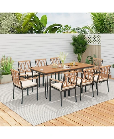 Gouun 9-Piece Outdoor Acacia Wood Patio Dining Set with Wide Padded Chairs and Umbrella Hole