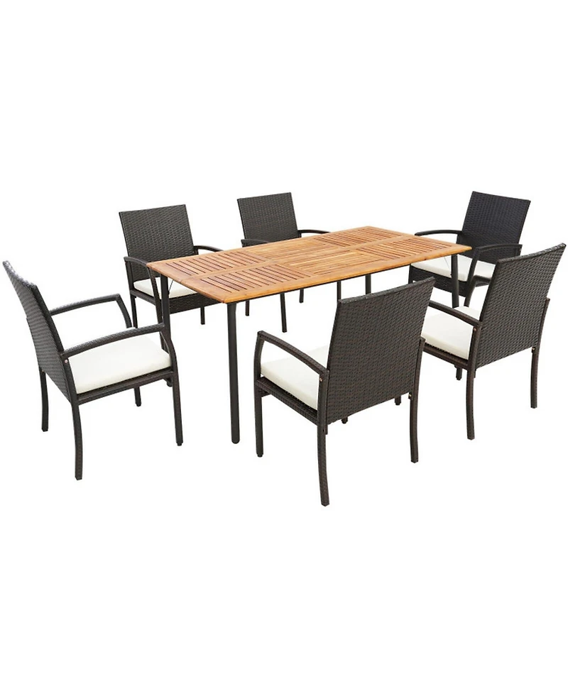 Gouun 7 Piece Outdoor Wicker Dining Set with 63 in Acacia Wood Table, Umbrella Hole and 6 Cushioned Chairs