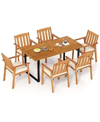 Gouun 7 Piece Acacia Wood Patio Dining Set with Table, 6 Armchairs and U-Shaped Metal Base