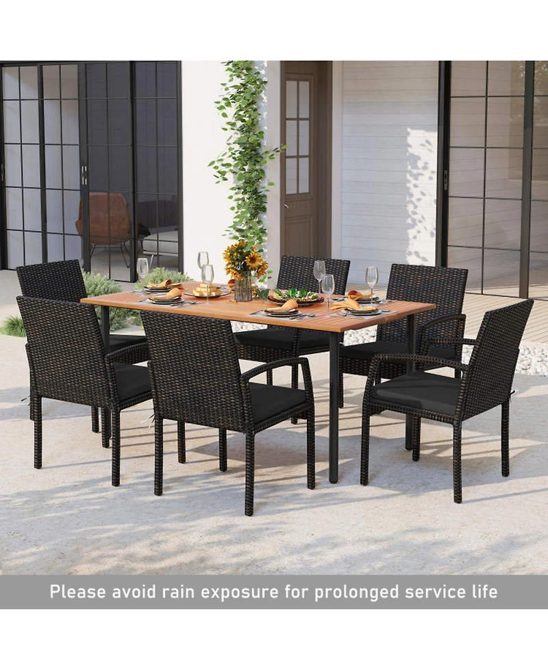 Gouun 7 Piece Outdoor Patio Dining Set with Acacia Wood Table, Umbrella Hole and 6 Wicker Chairs