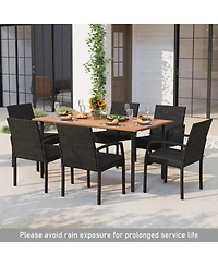 Gouun 7 Piece Outdoor Patio Dining Set with Acacia Wood Table, Umbrella Hole and 6 Wicker Chairs