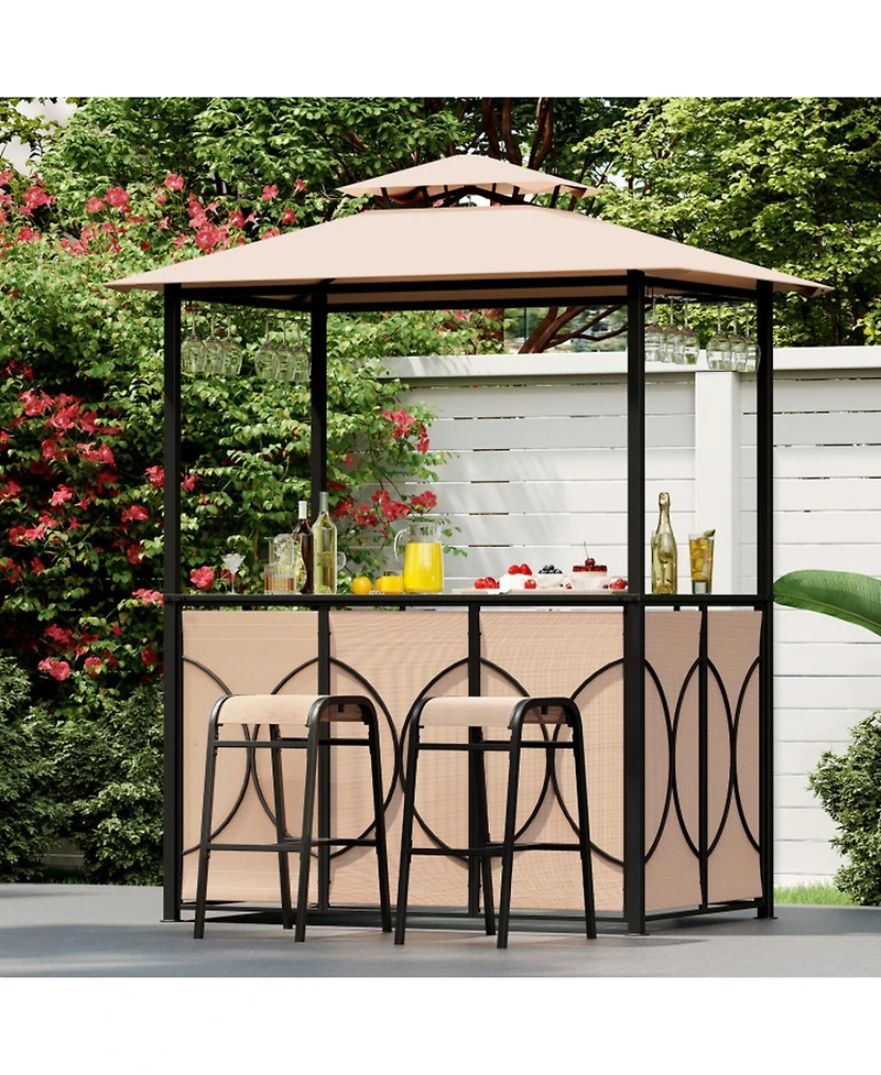 Gouun Outdoor 6.5 x 4 x 8 ft Grill Gazebo Set with Bar Table and 2 Padded Bar Stools