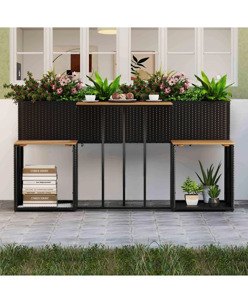 Gouun Outdoor Pe Rattan Patio Dining Set with Raised Garden Bed, 2 Chairs and Acacia Wood Table