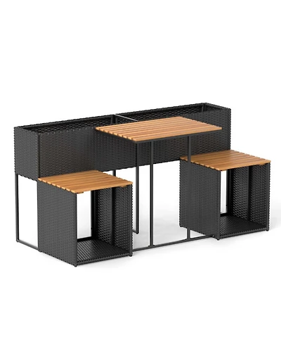 Gouun Outdoor Pe Rattan Patio Dining Set with Raised Garden Bed, 2 Chairs and Acacia Wood Table