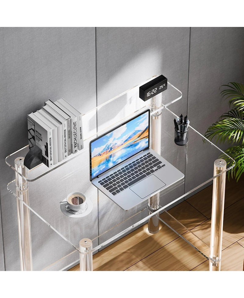 Slickblue Clear Acrylic Office Desk with Monitor Shelf, 2-Tier Study Computer Table for Bedroom