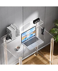 Slickblue Clear Acrylic Office Desk with Monitor Shelf, 2-Tier Study Computer Table for Bedroom