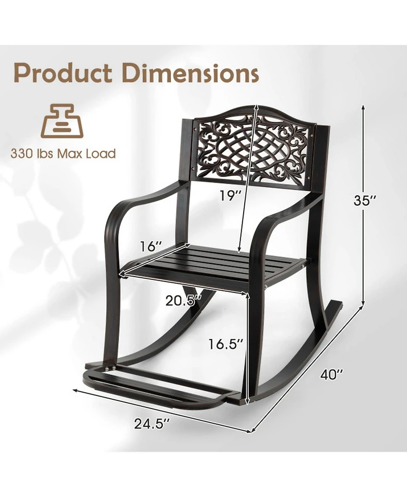 Gouun Cast Aluminum Outdoor Patio Rocking Chair with Footrest, Curved Armrests and Floral Backrest