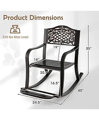 Gouun Cast Aluminum Outdoor Patio Rocking Chair with Footrest, Curved Armrests and Floral Backrest