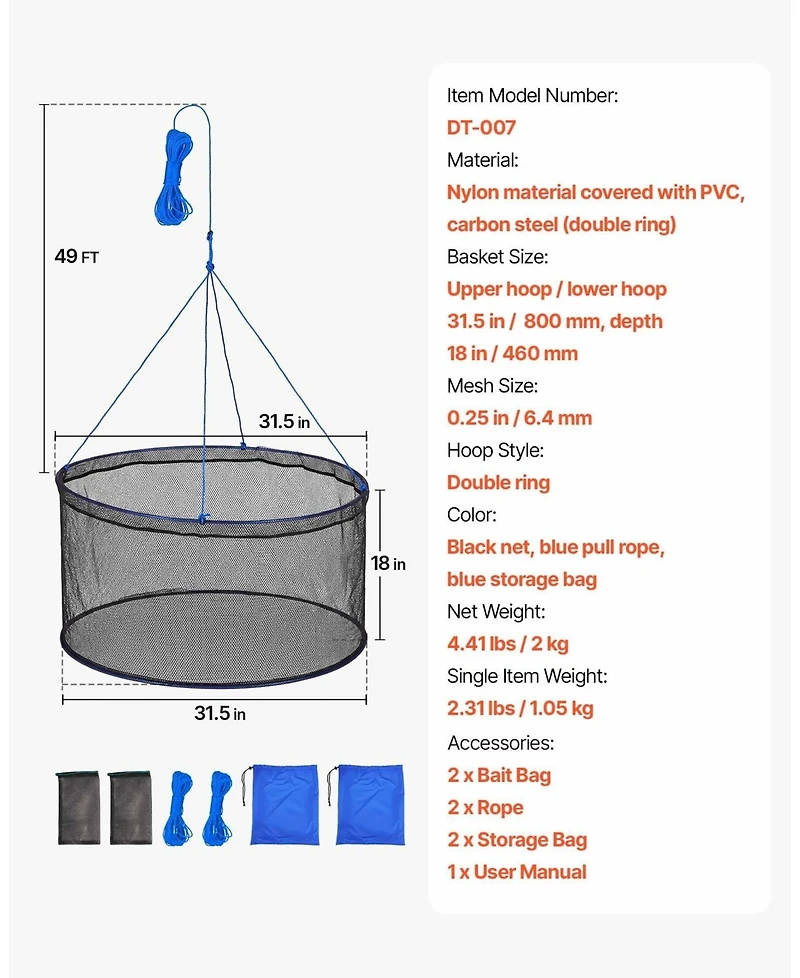 Hongge Double Ring Drop Net 31.5 in Fish-Friendly Foldable Pier Landing Trap with Rope and Storage Bag