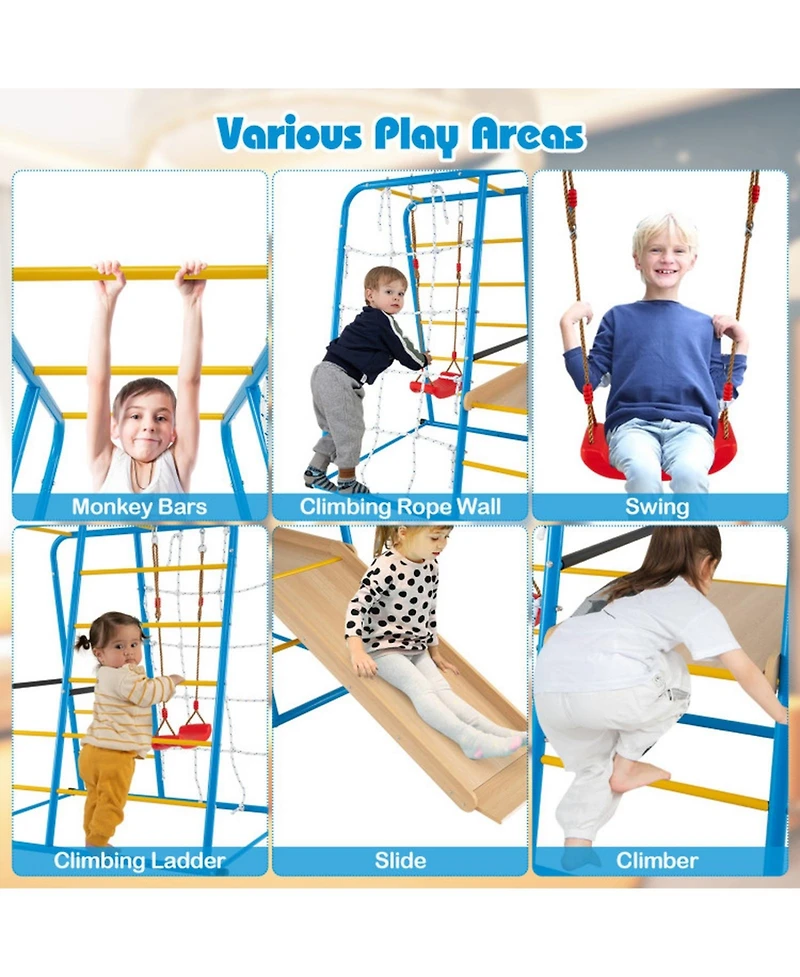 Hongge 6-in-1 Indoor Jungle Gym Playset with Adjustable Swing, 89" x 59" x 62", 220 lbs Capacity, Ages 3+