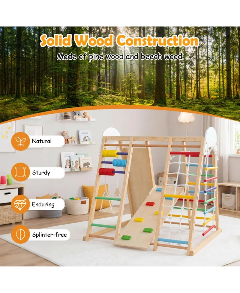 Hongge Foldable Wooden Jungle Gym with Swing and Monkey Bars, Ages 3+