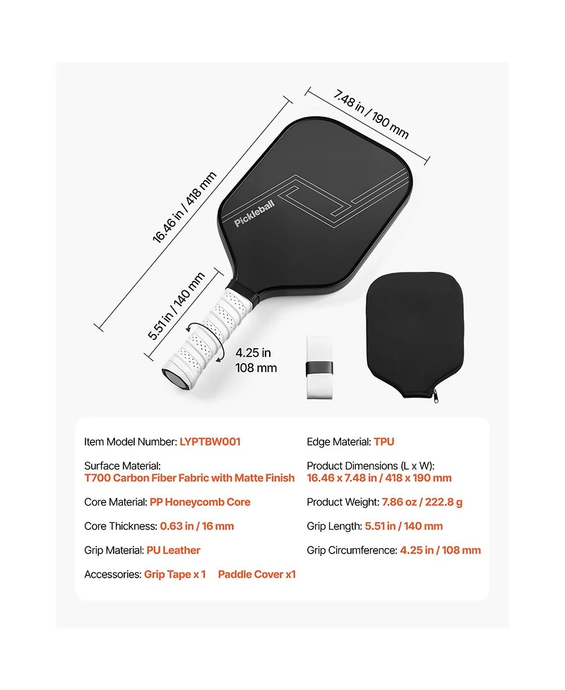 Hongge Professional Pickleball Paddle with T700 Carbon Fiber Surface and Pp Honeycomb Core for Power and Spin
