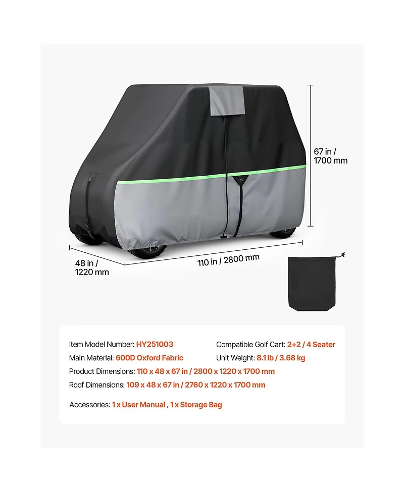 Hongge Full Coverage Golf Cart Cover for 4-Passenger Carts 600D Oxford with Pu Coating and Three Zipper Doors