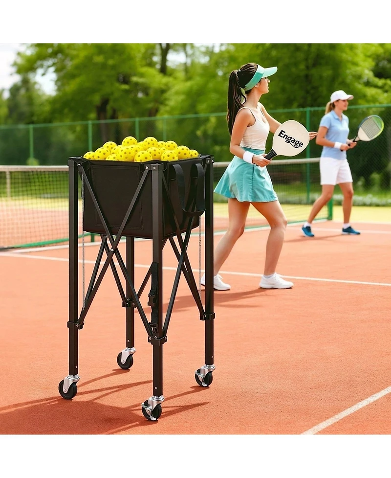 Hongge Foldable Aluminum Tennis Ball Basket Cart for 120 Balls Featuring Rubber Swivel Wheels and Storage Bag
