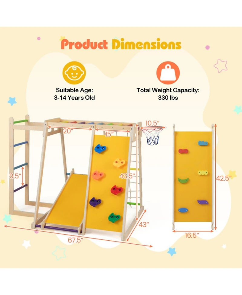 Hongge 6-in-1 Kids Indoor Jungle Gym with Slide and Climbing Wall Ages 3-14
