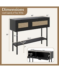 Sugift Rattan Console Table with 2 Storage Cabinets Open Shelf and Carbon Steel Frame