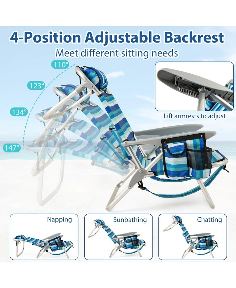 Gouun Folding Beach Chair for Adults with 4-Position Backrest, Cooler Bag, Cup Holder and Towel Bar