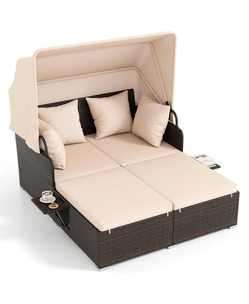 Gouun Outdoor Rattan Daybed with Retractable Canopy and Foldable Side Tables