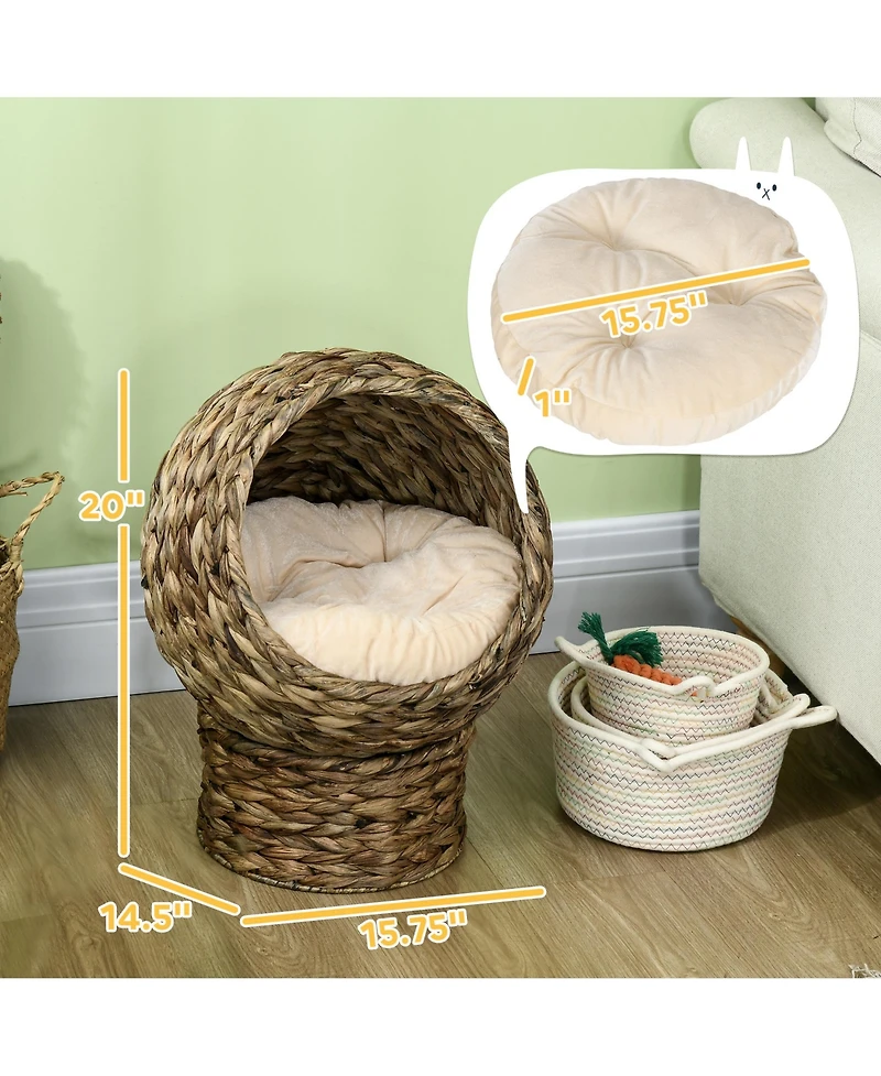Ruie Elevated Cat Bed Handwoven Wicker Basket House with Soft Cushion and Stand