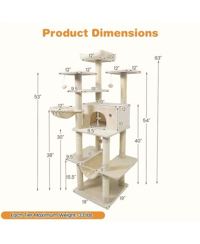 Sugift 63in Tall Large Cat Tree Tower for Indoor Cats with Condo and Hammock