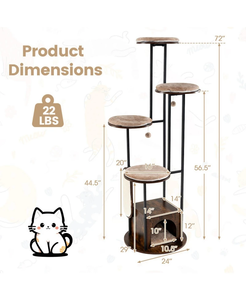 Sugift 72-in Tall Multi-Level Cat Condo with Top Perch Platforms and Removable Washable Mats