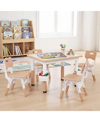 Sugift Height Adjustable Kids Table and 4 Chairs Set with Graffiti Desktop and 2 Storage Baskets